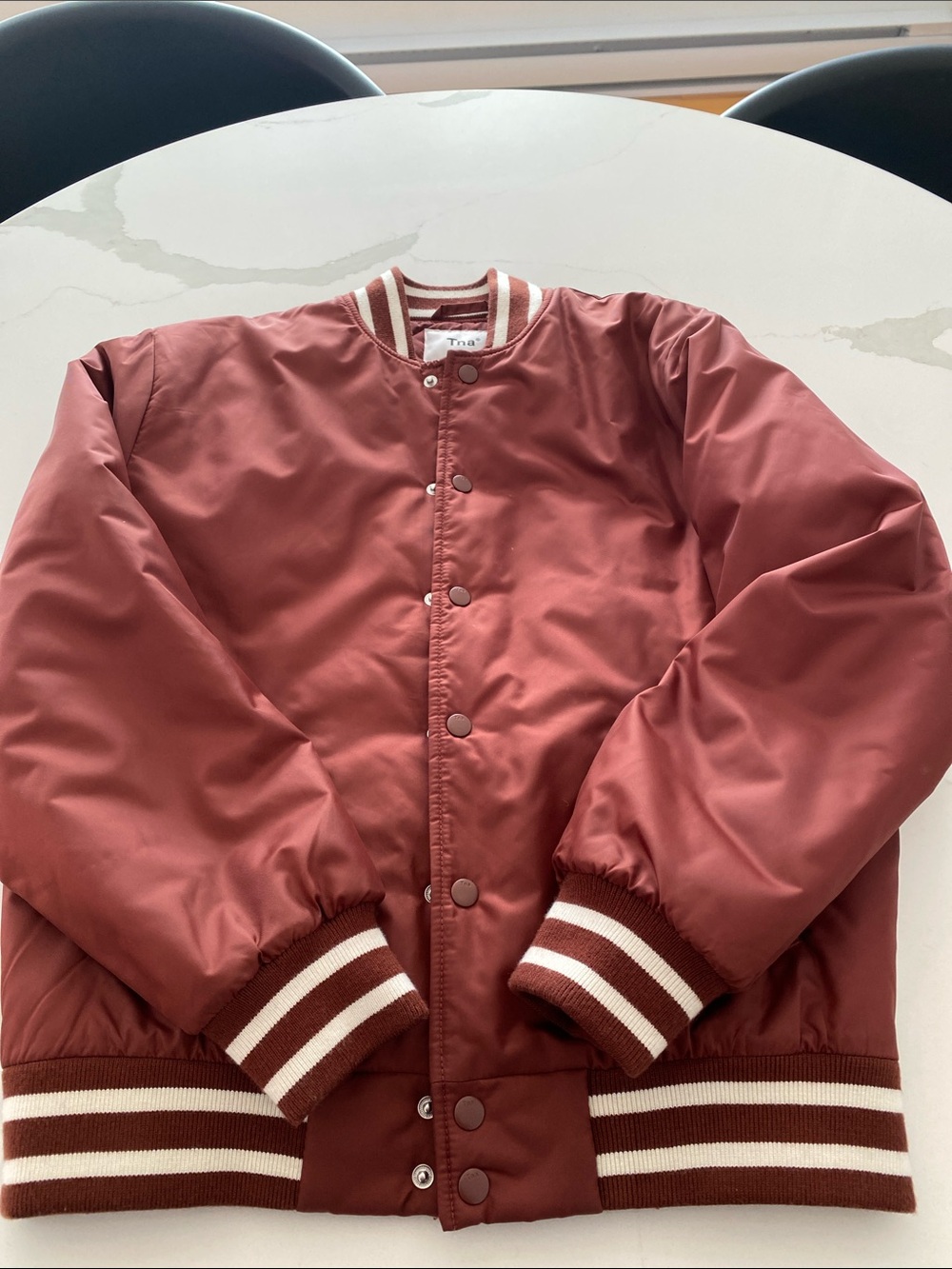 Women Burgundy Bomber Jacket with Stripe Aritzia TNA